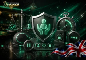 Responsible gambling concept with player control tools, limits, support options and protection measures